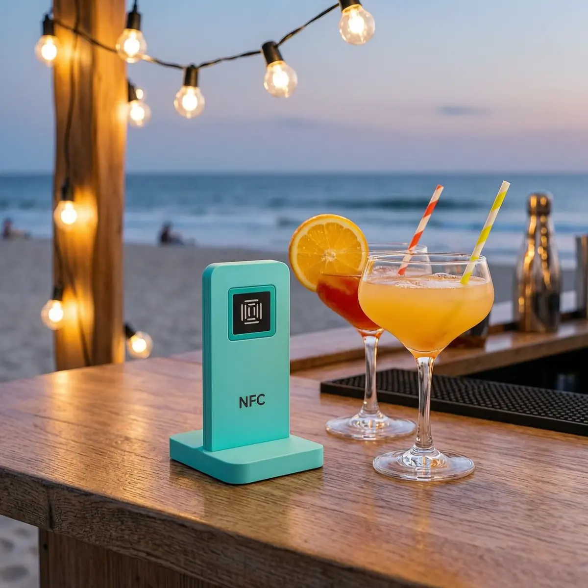 Tap stand on a beach bar counter at dusk