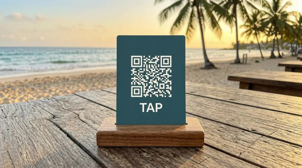 TapCentro wooden-base NFC stand with QR backup on a cafe table at golden hour
