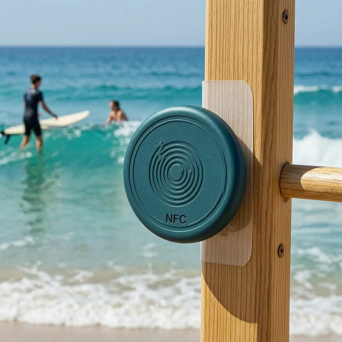 Waterproof NFC token mounted on a surfboard rack